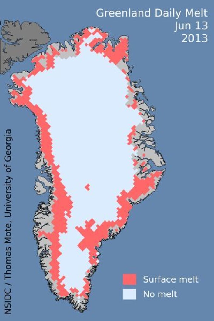 Rød farge viser områder hvor NASAs satellitter mener at det pågikk snøsmelting 13. juni. (Foto: (NSIDC / T. Mote, Univ Georgia)) Rød farge viser områder hvor NASAs satellitter mener at det pågikk snøsmelting 13. juni. (Foto: (NSIDC / T. Mote, Univ Georgia))