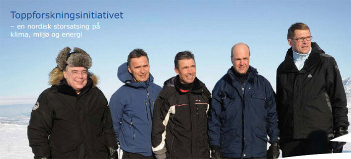 De nordiske statsministre møttes i April 2008. De ble enige om å etablere et samarbeid for forskning på klima, energi og miljø. Fra venstre: Geir H. Haarde, Jens Stoltenberg, Anders Fogh Rasmussen, Fredrik Reinfeldt og Matti Vanhanen. (Foto: Johannes Jansson/norden.org) De nordiske statsministre møttes i April 2008. De ble enige om å etablere et samarbeid for forskning på klima, energi og miljø. Fra venstre: Geir H. Haarde, Jens Stoltenberg, Anders Fogh Rasmussen, Fredrik Reinfeldt og Matti Vanhanen. (Foto: Johannes Jansson/norden.org)