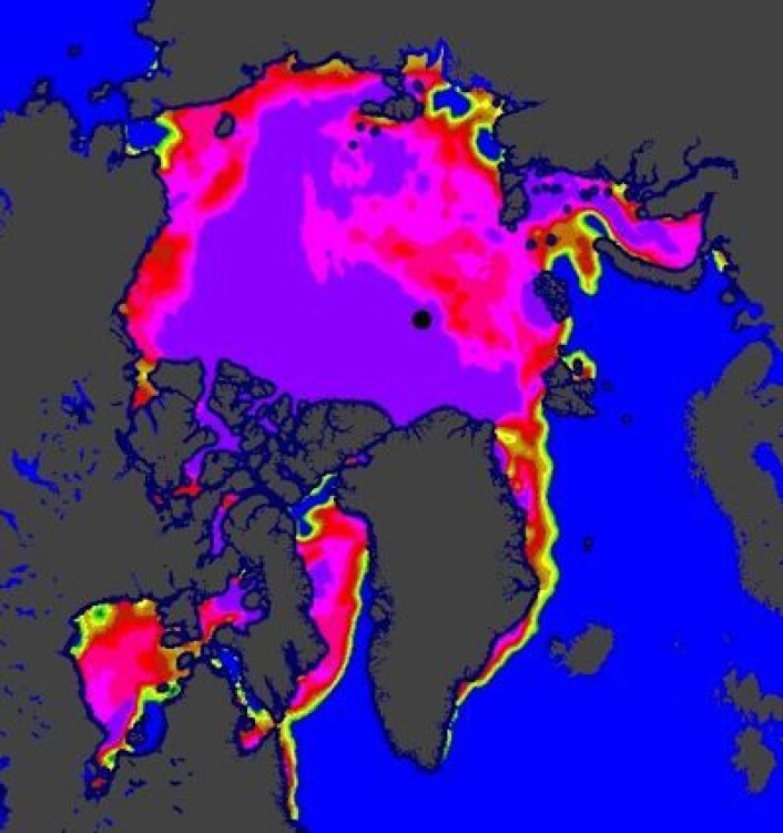 Tykk is fra Nordpolen til Grønland og de kanadiske øyene 14. juni. Men ellers er det mye "sårbar" is i Arktis nå. (Foto: (EUMETSAT osisaf.met.no)) Tykk is fra Nordpolen til Grønland og de kanadiske øyene 14. juni. Men ellers er det mye "sårbar" is i Arktis nå. (Foto: (EUMETSAT osisaf.met.no))