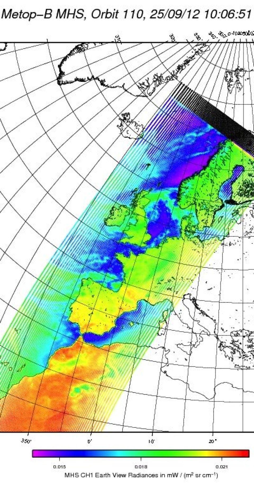 Første 'bildet' fra MHS-instrumentet på MetOp-B. Vanndamp er viktig. (Foto: (EUMETSAT))