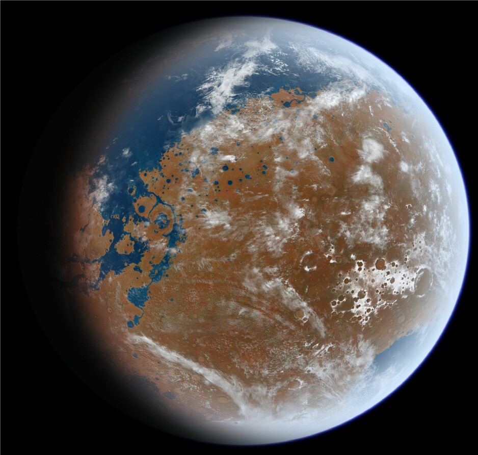 Slik ser en kunstner for seg at Mars kan ha sett ut for over 3,5 milliarder år siden.
