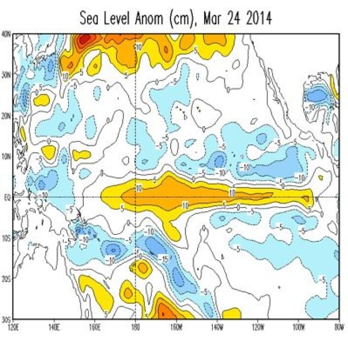 Satellittmålt havnivå (avvik fra normalen) viser høyere vannstand sentralt i Stillehavet nå. Og det brer seg østover. (Foto: (NOAA)) Satellittmålt havnivå (avvik fra normalen) viser høyere vannstand sentralt i Stillehavet nå. Og det brer seg østover. (Foto: (NOAA))