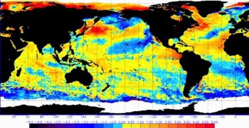Global havoverflatetemperatur (avvik fra normalen) målt fra satellitt denne uken. (Foto: (NOAA))