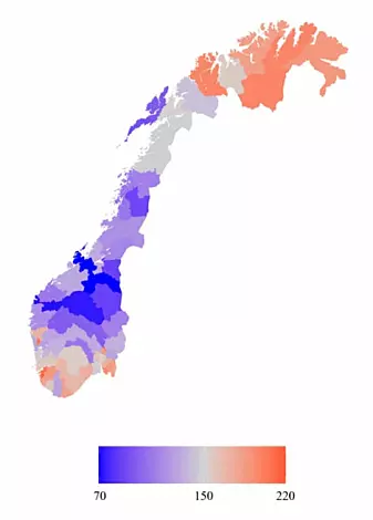 Kartet viser gjennomsnittlig antall tvangsinnlagte pasienter per 100.000 i DPS-områder i Norge. Tallene er fra perioden 2014-2018, i aldersgruppen 18 til 65 år. Grå farge viser landsgjennomsnittet, rød farge indikerer verdier over snittet, mens blå områder ligger under landsgjennomsnittet.