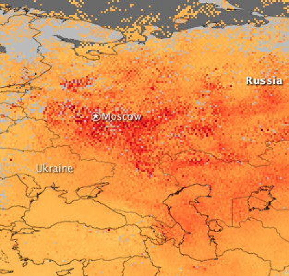 Kullos målt i høydelaget fra 2 til 8 km av NASAs satellitt Terra. (NASA)