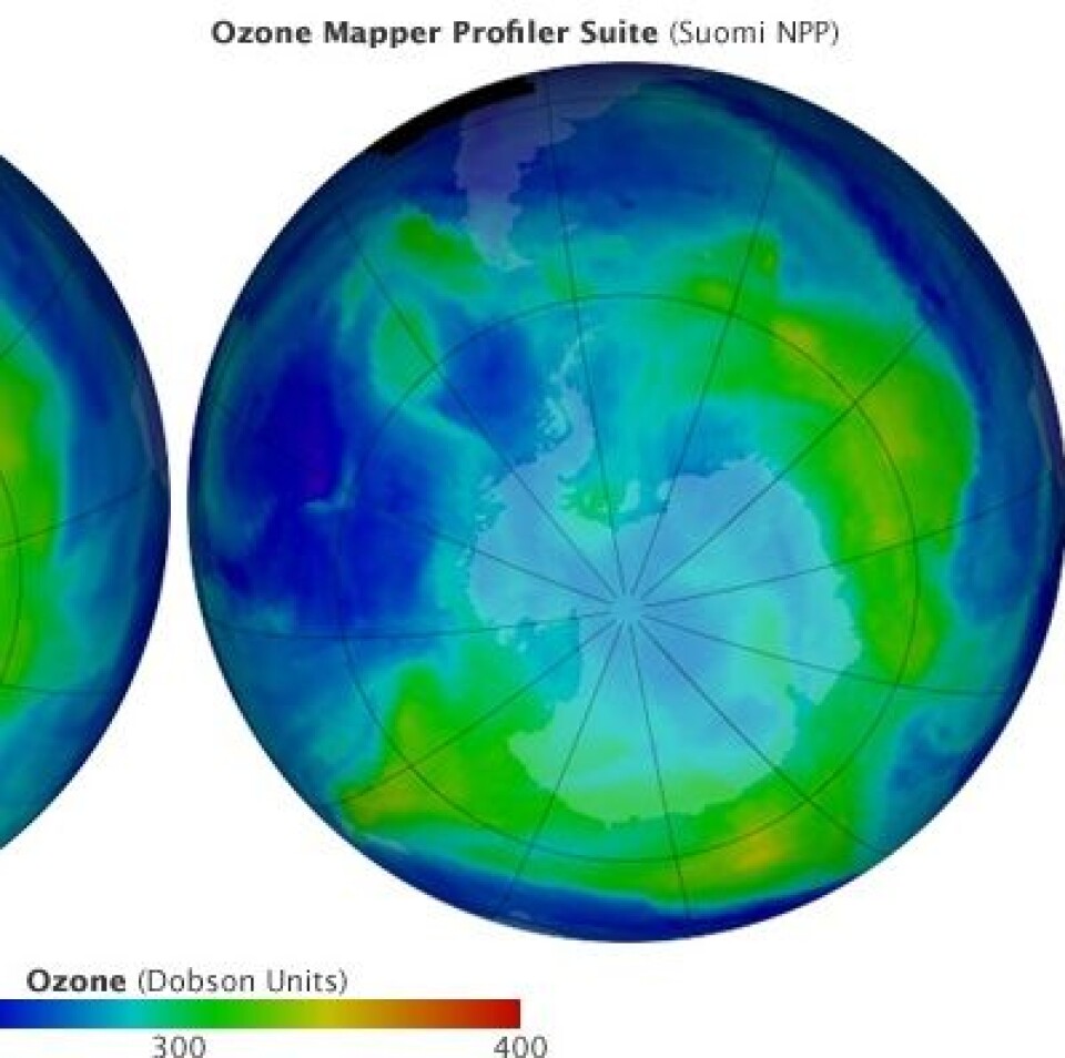 Ozonlaget er en av de faktorene som må telles med når antropogent strålingspådriv skal estimeres. Her observert fra NASAs nye værsatellitt Suomi NPP 27 januar i år. Godt å se at instrumentene på satellitten fungerer. (Foto: (NASA Earth Observatory))