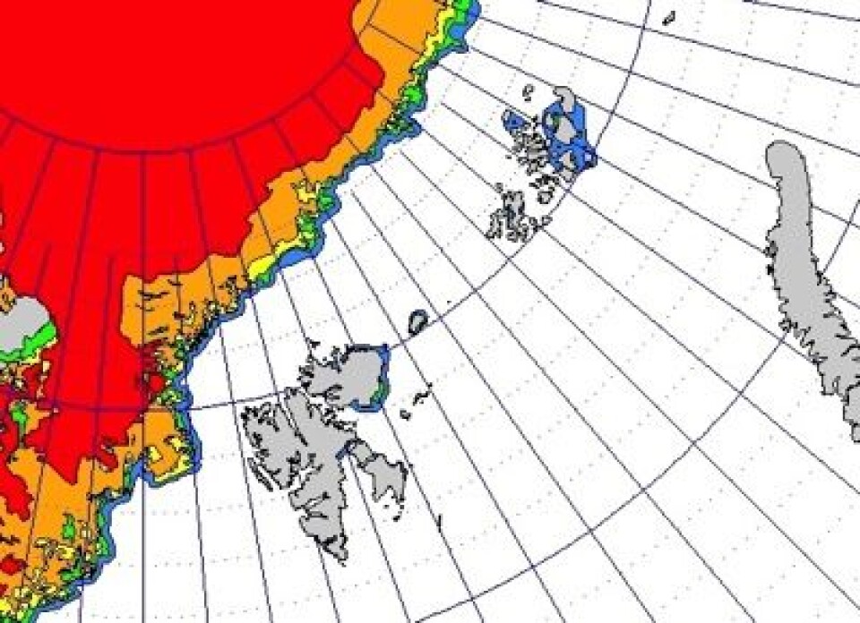 Det er fortsatt langt opp til iskanten både nord for Svalbard og nord for Franz Josef Land. Hvor vil det tettes igjen først denne vinteren, tro? (Foto: (met.no))