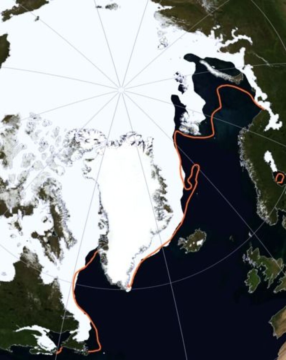 Fortsatt lite sjøis på den atlantiske siden av Polhavet i år. (Foto: (NSIDC & NASA))