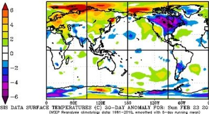 Reanalyse av temperatur for 30-dagers perioden 23 februar- 24 mars. (Foto: (NOAA)) Reanalyse av temperatur for 30-dagers perioden 23 februar- 24 mars. (Foto: (NOAA))