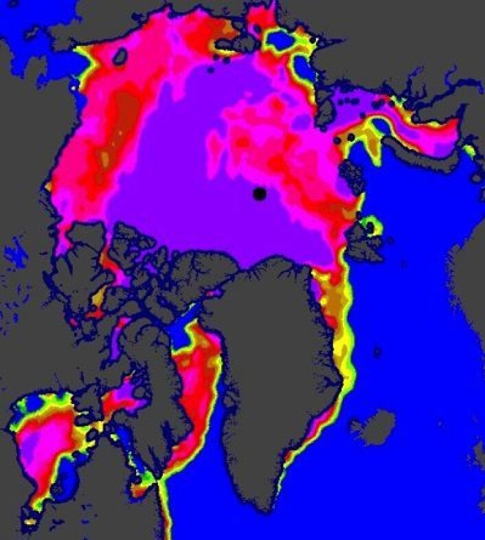 Sjøisen i Arktis, slik EUMETSAT tolker satellittdataene. (Foto: (EUMETSAT osisaf.met.no)) Sjøisen i Arktis, slik EUMETSAT tolker satellittdataene. (Foto: (EUMETSAT osisaf.met.no))