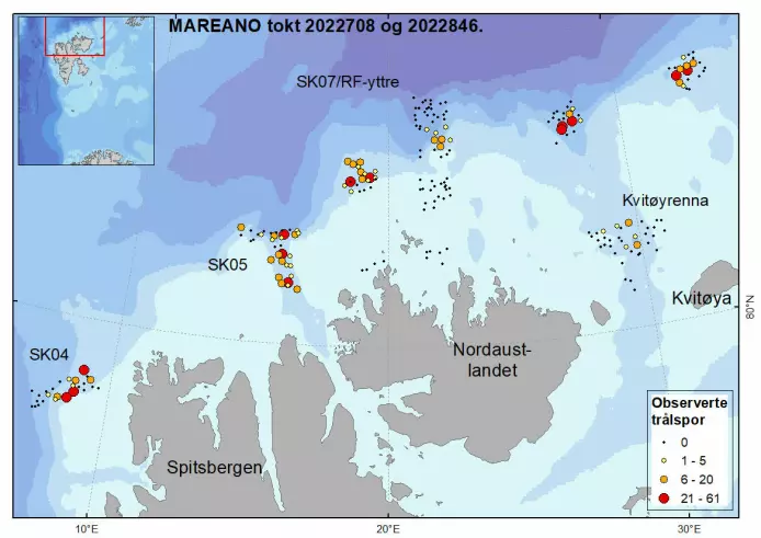 The map shows all of the stations that were surveyed. Black spots are stations where no trawl marks were observed, while the coloured dots are stations where they were seen.