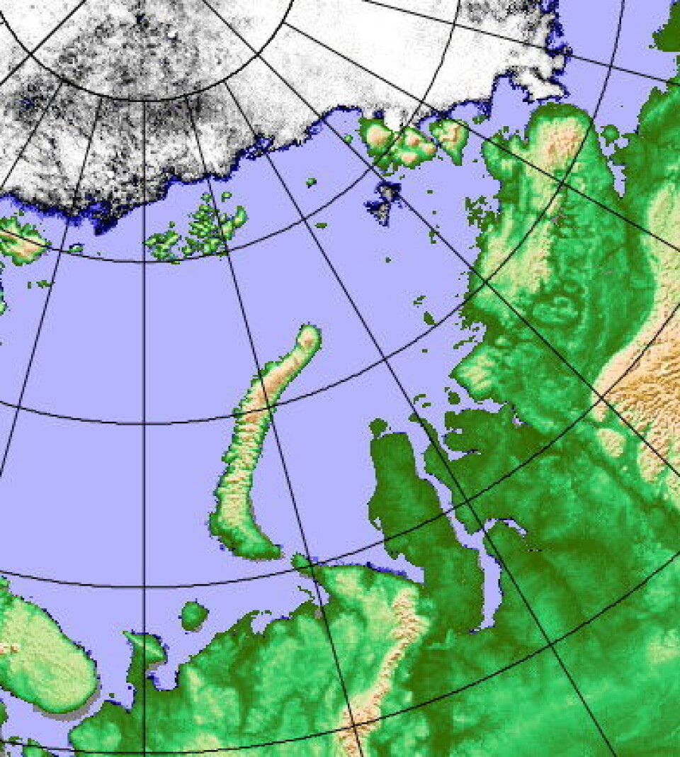 Isens utbredelse 18 august. Det så lenge tett ut mellom Karahavet og Laptevhavet, men jammen fant Ouslands seilbåt en liten åpning helt inntil kysten. (PolarView/Univ i Bremen).
