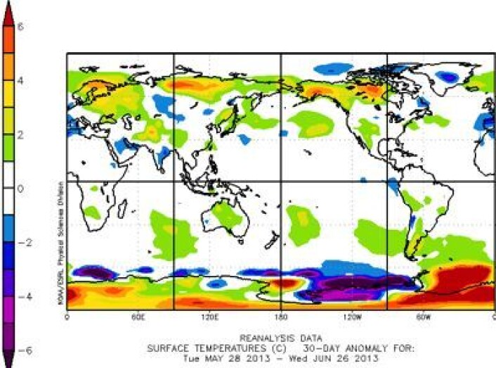 Temperatur ved bakkenivå (avvik fra normalen) for tredve-dagers perioden 28/5 - 26/6 i år, iflg NOAAs reanalyse av været som var. (Foto: (NOAA/ESRL Physical Sciences Division)) Temperatur ved bakkenivå (avvik fra normalen) for tredve-dagers perioden 28/5 - 26/6 i år, iflg NOAAs reanalyse av været som var. (Foto: (NOAA/ESRL Physical Sciences Division))