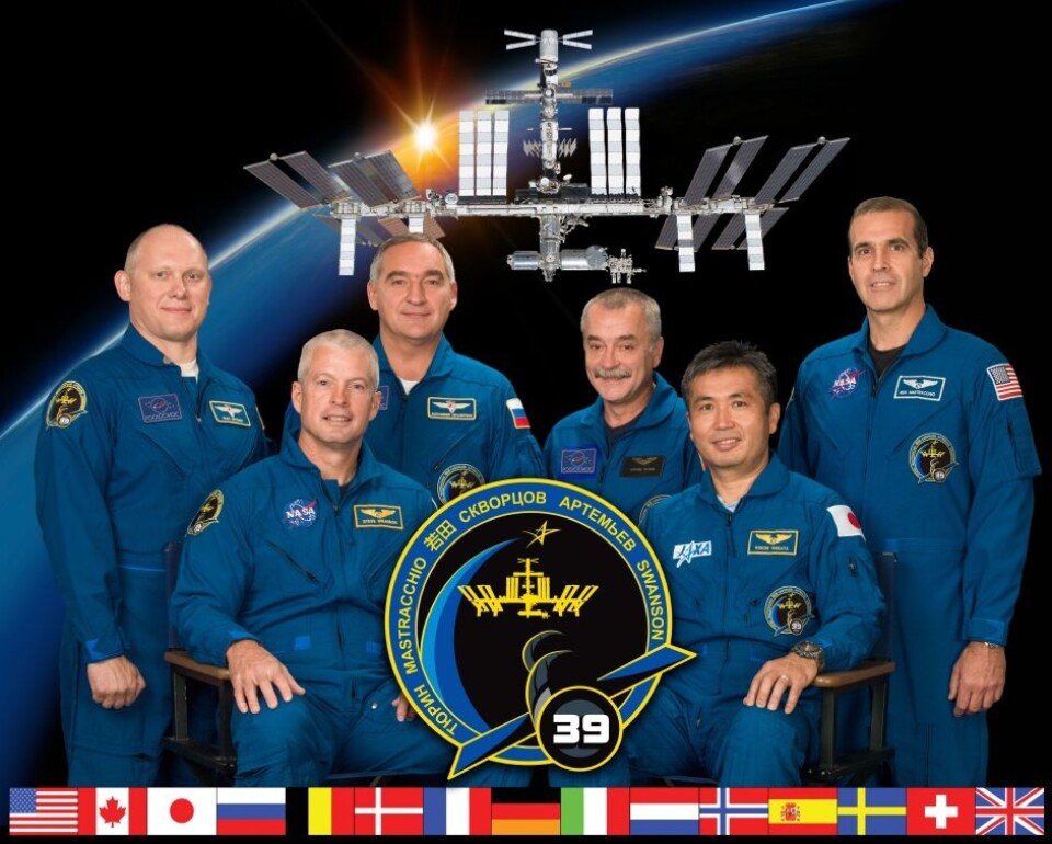 Ekspedisjon 39 på den internasjonale romstasjonen. Foran: Steve Swanson (t.v) og Koichi Wakata. Bak, fra venstre: Oleg Artemjev, Alexander Skvortsov, Mikhail Tjurin og Rick Mastracchio. (Foto: NASA)