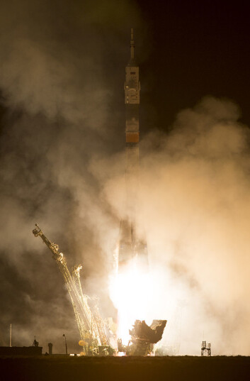 Sojuz TMA-12M skytes opp fra Bajkonur-kosmodromen 26. mars. (Foto: NASA) Sojuz TMA-12M skytes opp fra Bajkonur-kosmodromen 26. mars. (Foto: NASA)
