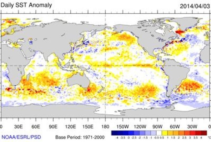 Temperaturen (avviket fra normalen) stiger nå uke for uke i havoverflaten langs ekvator i Stillehavet. Men fortsatt er ikke grenseverdien for El Ninjo passert. (Foto: (NOAA)) Temperaturen (avviket fra normalen) stiger nå uke for uke i havoverflaten langs ekvator i Stillehavet. Men fortsatt er ikke grenseverdien for El Ninjo passert. (Foto: (NOAA))