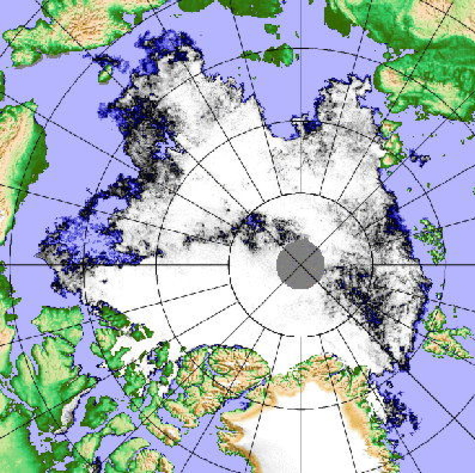 Isen i Arktis 20 august. Det kan bli ny isminimumsrekord i september dersom, hvis, såfremt, ifall ... Uansett ser det bra ut for Børge Ouslands rekordforsøk. (PolarView/Univ i Bremen).