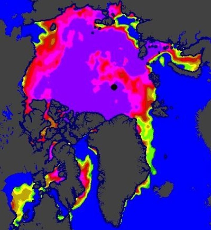 Iskartet fra EUMETSAT for 1. juli. (Foto: (EUMETSAT osisaf.met.no)) Iskartet fra EUMETSAT for 1. juli. (Foto: (EUMETSAT osisaf.met.no))