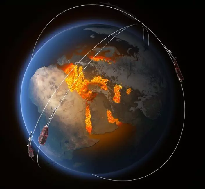 De tre satellittene i Swarm går i polare baner og undersøker jordas magnetfelt. (Foto: ESA/ATG medialab)