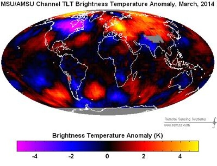 Satellittmålt temperatur (avvik fra normalen) i nedre troposfære for mars 2014, beregnet med RSS-algoritmen. (Foto: (RSS)) Satellittmålt temperatur (avvik fra normalen) i nedre troposfære for mars 2014, beregnet med RSS-algoritmen. (Foto: (RSS))