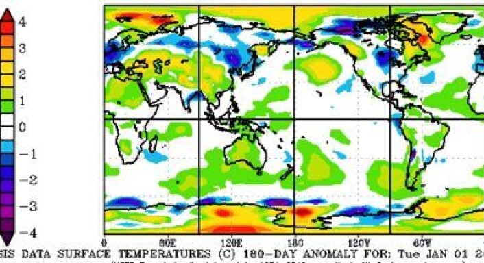Reanalyse av temperatur ved bakkenivå (avvik fra normalen 1981-2010) for de første 180 dagene av 2013. (Foto: (NOAA)) Reanalyse av temperatur ved bakkenivå (avvik fra normalen 1981-2010) for de første 180 dagene av 2013. (Foto: (NOAA))