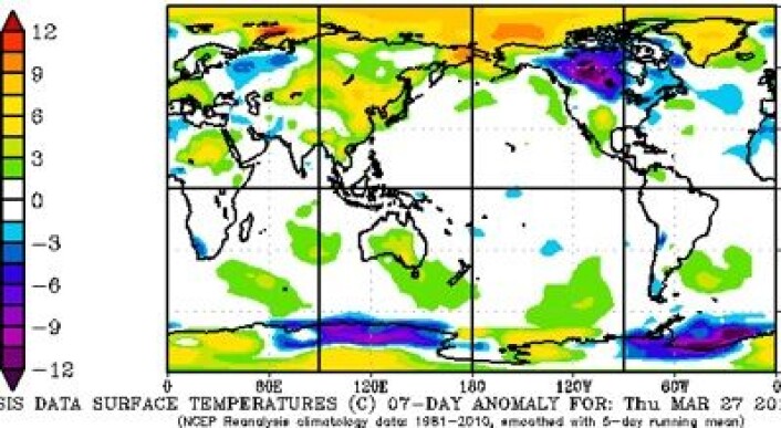 Reanalyse for temperatur-avviket ved bakkenivå for 7-dagers perioden 27. mars - 2. april. (Foto: (NOAA)) Reanalyse for temperatur-avviket ved bakkenivå for 7-dagers perioden 27. mars - 2. april. (Foto: (NOAA))