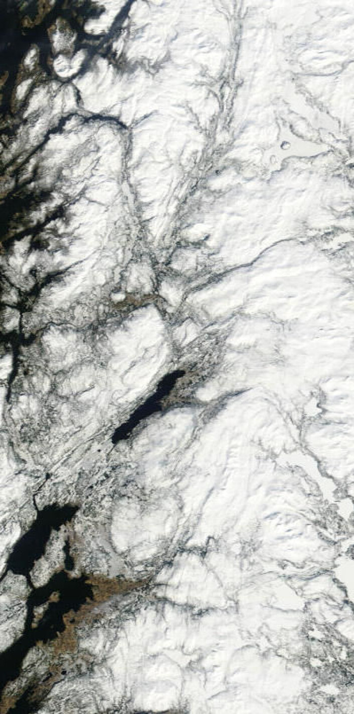 Indre strøk av Trøndelag sett fra NASAs satellitt Terra fredag 4. april 2014. (Foto: (NASA Terra MODIS)) Indre strøk av Trøndelag sett fra NASAs satellitt Terra fredag 4. april 2014. (Foto: (NASA Terra MODIS))