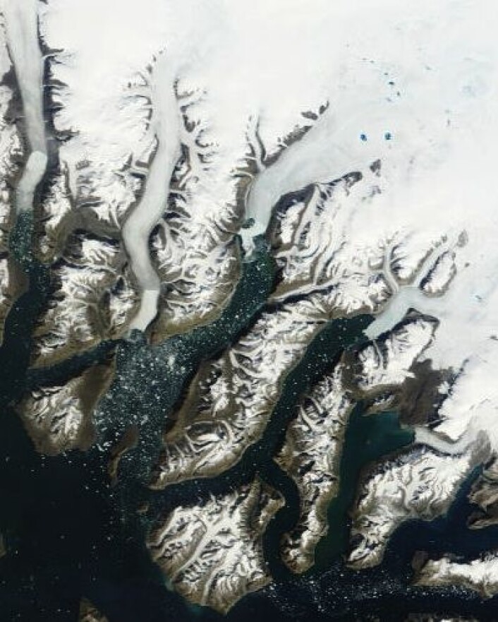 Noen få smeltesjøer kan ses oppe på breen 2. juli, men det går ganske tregt på Grønland denne sommeren. (Foto: (NASA Aqua MODIS)) Noen få smeltesjøer kan ses oppe på breen 2. juli, men det går ganske tregt på Grønland denne sommeren. (Foto: (NASA Aqua MODIS))