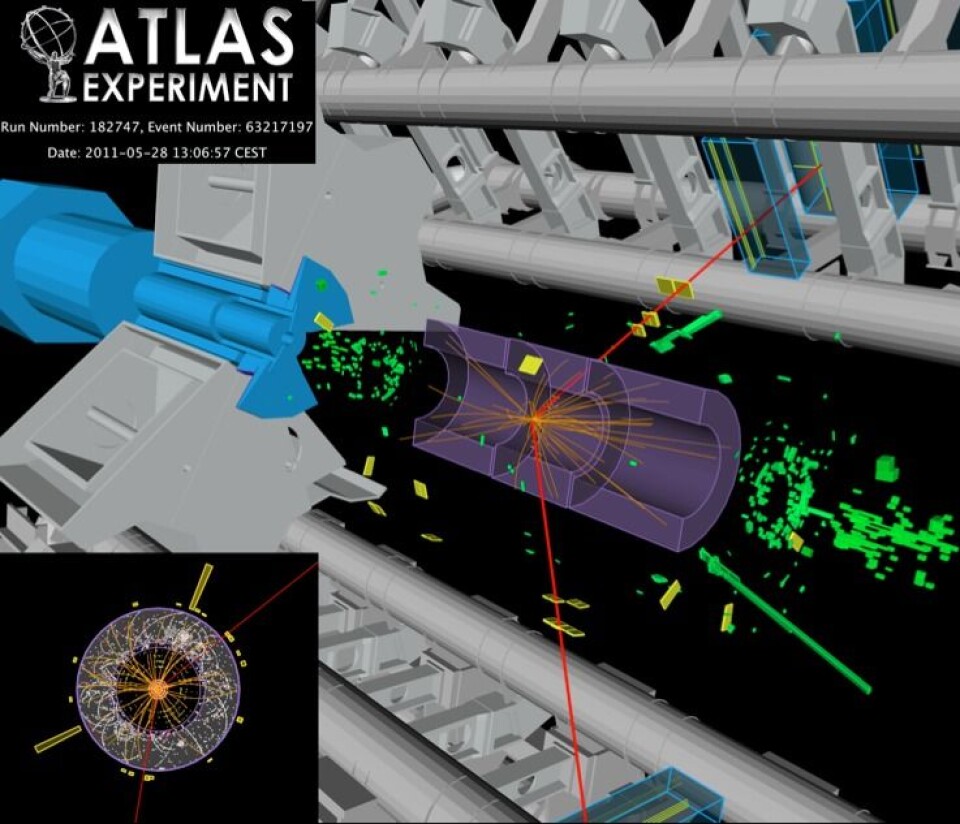 En Higgskandidat i ATLAS. To elektroner (gule tårn) og to muoner (røde striper) observeres flygende ut fra en kollisjon. (Foto: ATLAS)