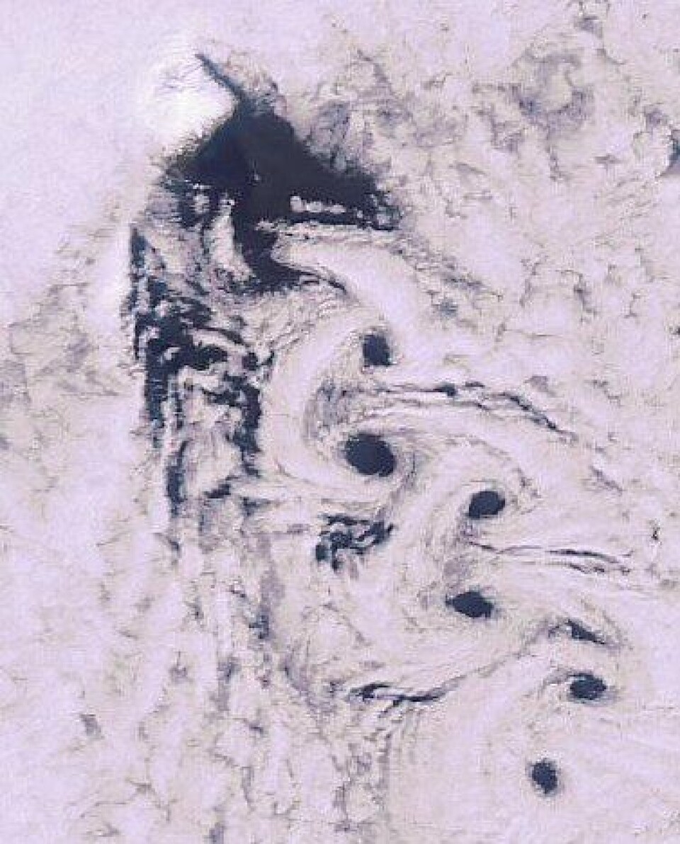 Vi vet mye om hvordan Jan Mayen påvirker skydekket, her sett 24 mai i år fra ENVISAT. Men hva vet vi egentlig om hvordan økt CO2-nivå vil påvirke skydekket? (ESA)