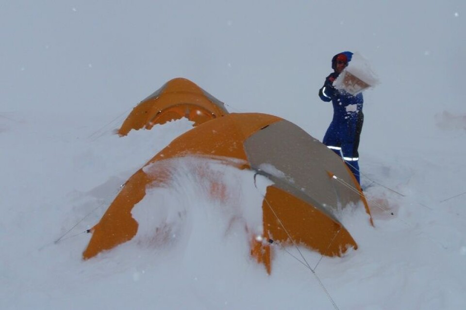 Min gode kollega Kristen Fossan - instrument ingeniør fra Norsk Polarinstitutt er i ferd med å spa teltet sitt fritt for snø. (foto: Lars H. Smedsrud)