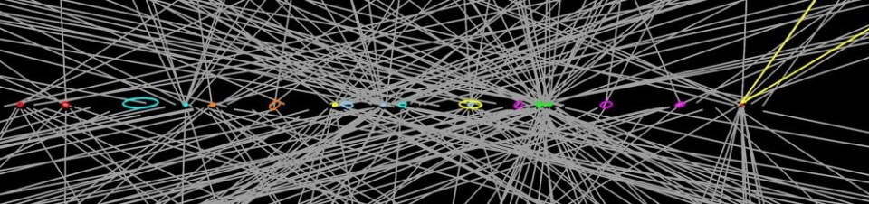 Et event i ATLAS fra 14. september 2011 med en pile-up på 20. Et Z-boson som henfaller til to myoner kan sees helt til høyre. (Foto: The ATLAS Experiment)