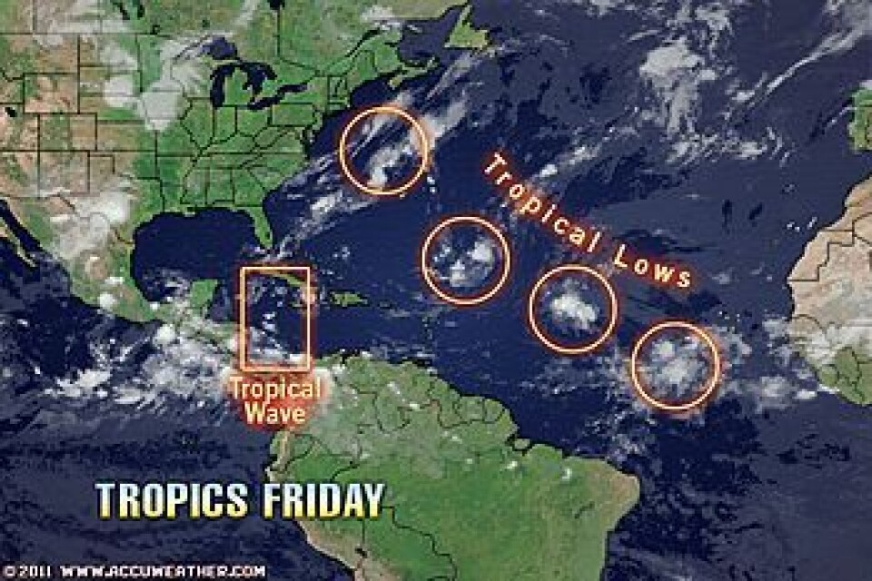 Uvær på vei ut fra Afrika fredag. Skal vi tippe at den sørligste av disse storm-kandidatene utvikler seg til en kraftfull hurricane i Mexico-gulfen? (Foto: (AccuWeather.com))