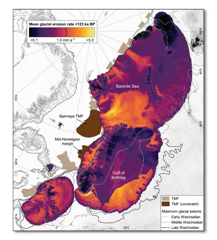 På dette kartet ser du hva forskerne fant ut. Det eurasiske isdekket som la seg over Skottland, Skandinavia, Finland og Barentshavet gravde ut mest (lys farge) i havet. Særlig gravde isen i Norskerenna utenfor Sørlandet og ved Bjørnøya i Barentshavet. Mange steder i høyfjellet har isen beskyttet landskapet (mørk farge) mot erodering.