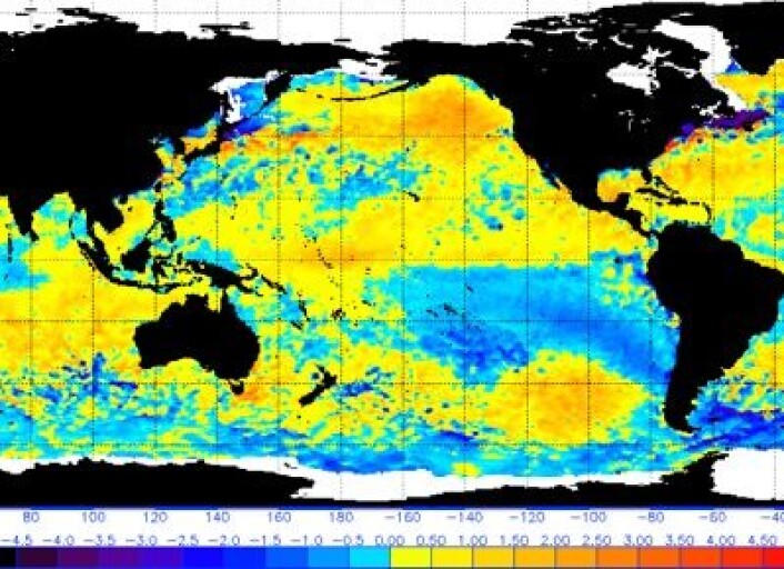 Satellittmålt havoverflatetemperatur 10. april. (Foto: (NOAA)) Satellittmålt havoverflatetemperatur 10. april. (Foto: (NOAA))