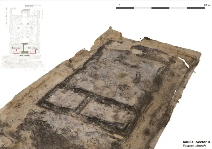 En 3d-scanning av utgravningen av kirken. Dette er den såkalte østre kirken, med en kuppel i midten. På diagrammet kan du se restene av pilarene som holdt kuppelen oppe. En 3d-scanning av utgravningen av kirken. Dette er den såkalte østre kirken, med en kuppel i midten. På diagrammet kan du se restene av pilarene som holdt kuppelen oppe.
