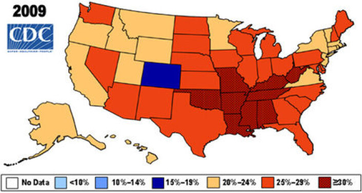 Fedmeepidemien i USA. Kroppsmasse indeks (BMI) >30 (Bilde: CDC.gov) Fedmeepidemien i USA. Kroppsmasse indeks (BMI) >30 (Bilde: CDC.gov)