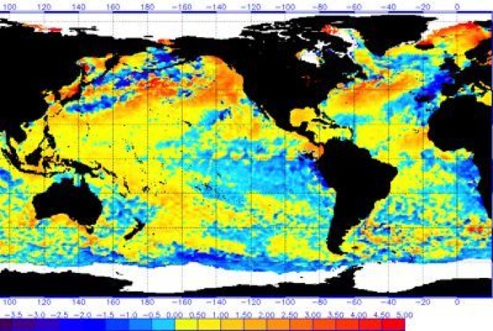 Sea Surface Temperature Anomaly 4. juli for en ganske stor del av kloden. (Foto: (NOAA)) Sea Surface Temperature Anomaly 4. juli for en ganske stor del av kloden. (Foto: (NOAA))