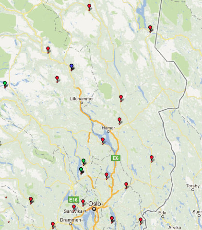 Formar for ‘penger’ nord på Austlandet slik dei føreligg i Nordisk dialektkorpus (Foto: Nordisk dialektkorpus) Formar for ‘penger’ nord på Austlandet slik dei føreligg i Nordisk dialektkorpus (Foto: Nordisk dialektkorpus)