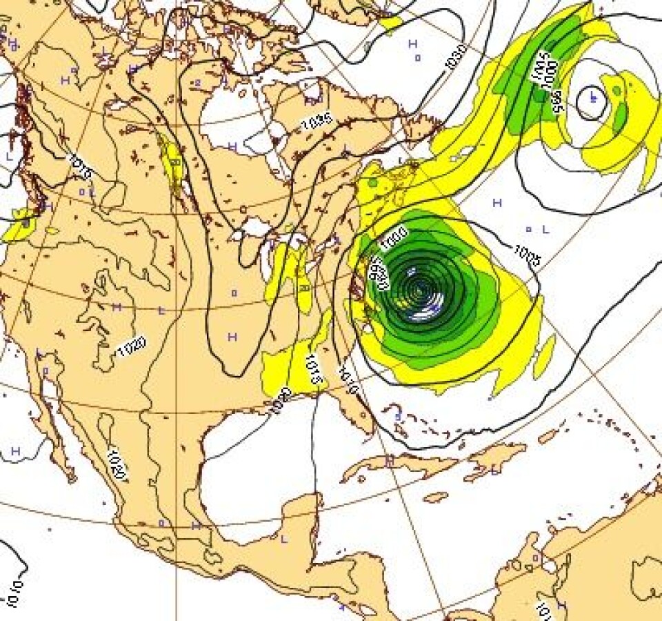 Her er prognosen for 'Sandy' mandag 29. oktober (fullmåne!). Dagen etter går orkanen på land nær New York. (Foto: (ECMWF))