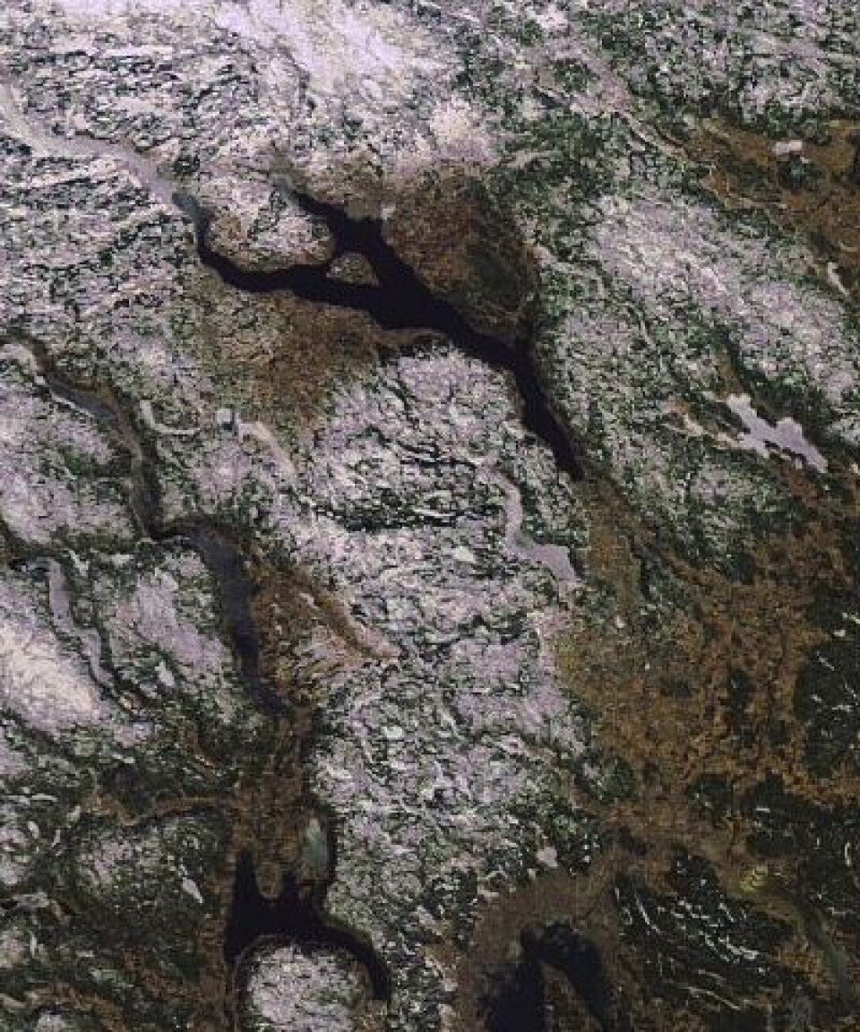 Envisat meldte at våren definitivt var kommet til traktene rundt Mjøsa 23. mars. Fortsatt noe is på Storsjøen, Hurdalssjøen og Sperillen. (Foto: ESA MERIS)