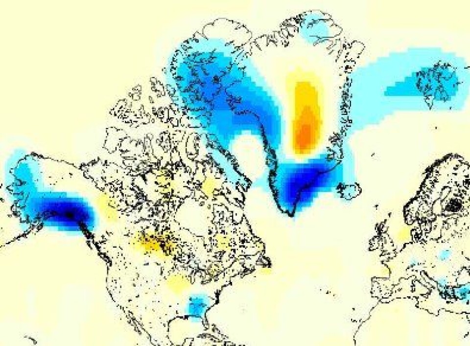 Men justerer stadig tallene for hvor mye innlandsis som har smeltet, men det er ingen tvil om HVOR massen av is og vann har avtatt (blått) eller økt (gult/oransje) i perioden 2002-2008 (NASA-JPL/Caltech). Og de nyeste ryktene sier at årets smelting på Grønland har vært rekordstor …