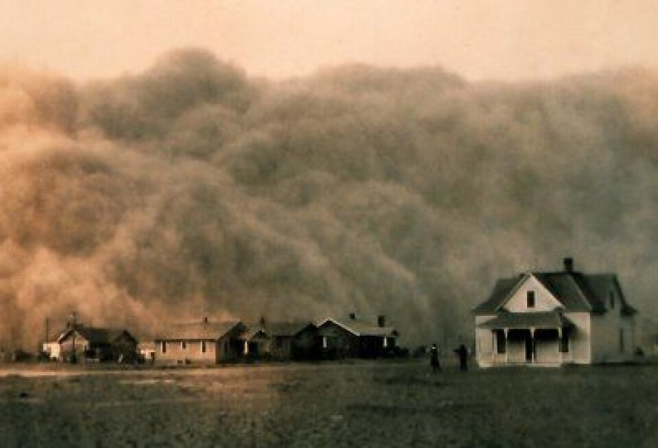 Støvstormen ruller inn mot Stratford, Texas. (Foto: (NASA))