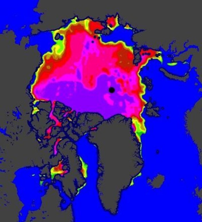 Isfritt både i Hudson Bay og Karahavet nå, her er det satellittbaserte iskartet fra EUMETSAT 16 juli. (Foto: (EUMETSAT osisaf.met.no)) Isfritt både i Hudson Bay og Karahavet nå, her er det satellittbaserte iskartet fra EUMETSAT 16 juli. (Foto: (EUMETSAT osisaf.met.no))