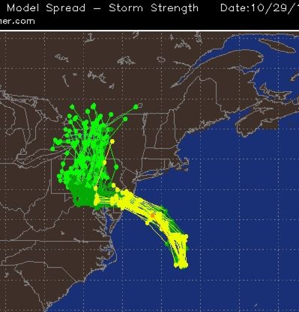 Det var stor enighet i modellprognosene om hvor Sandy ville gå i sluttfasen. (Foto: (Accuweather.com))