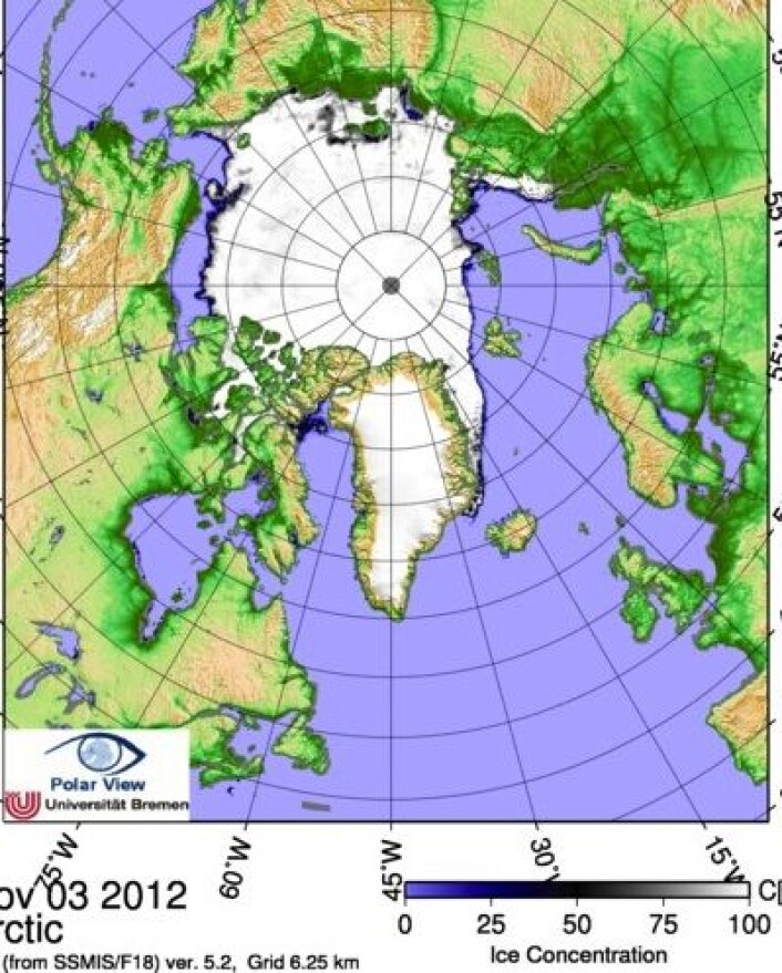 Det går mot vinter, og sjøisen nærmer seg kysten av Alaska. Her analysert av tyske isforskere. (Foto: (ESA PolarView / Univ Bremen)) Det går mot vinter, og sjøisen nærmer seg kysten av Alaska. Her analysert av tyske isforskere. (Foto: (ESA PolarView / Univ Bremen))