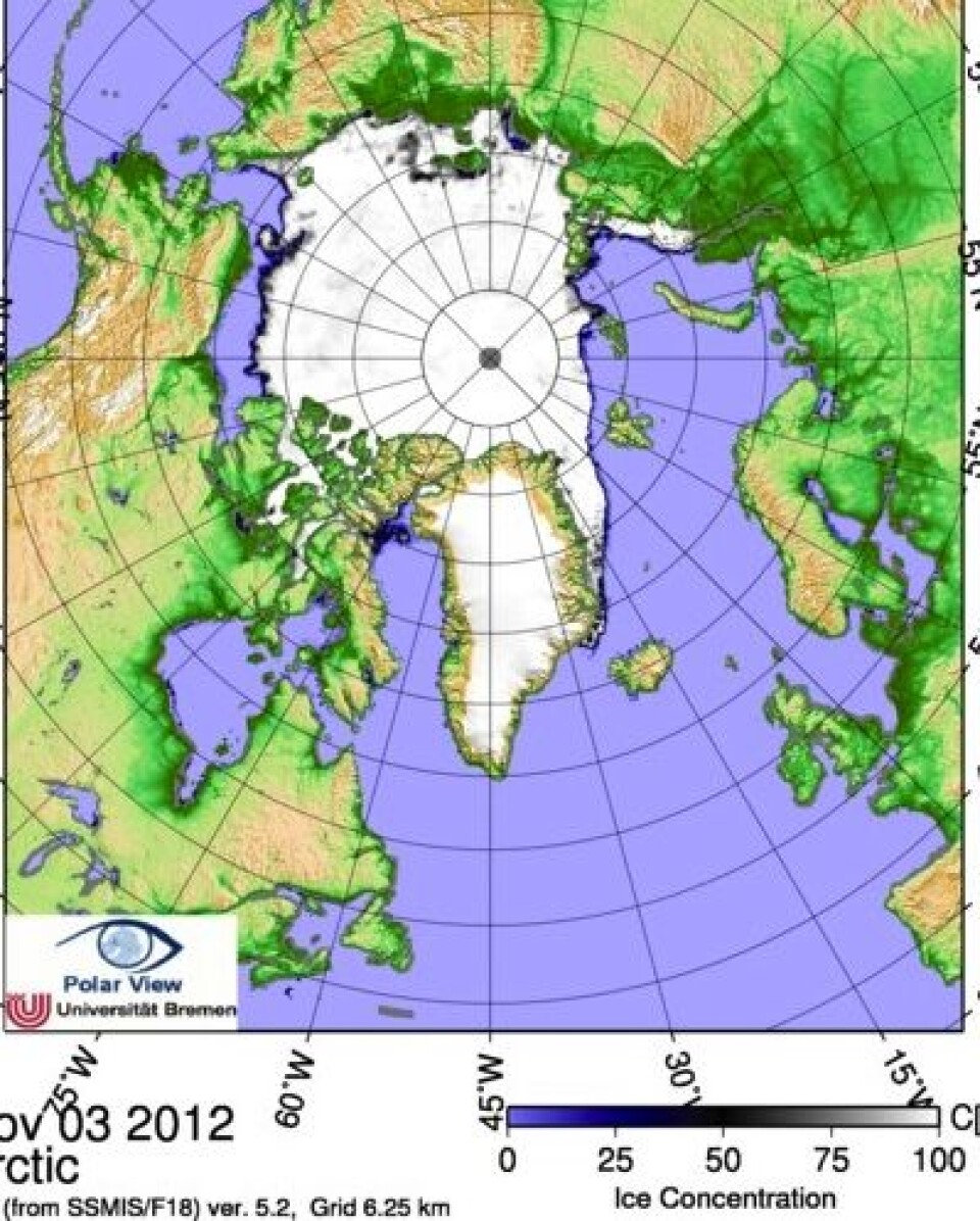 Det går mot vinter, og sjøisen nærmer seg kysten av Alaska. Her analysert av tyske isforskere. (Foto: (ESA PolarView / Univ Bremen))