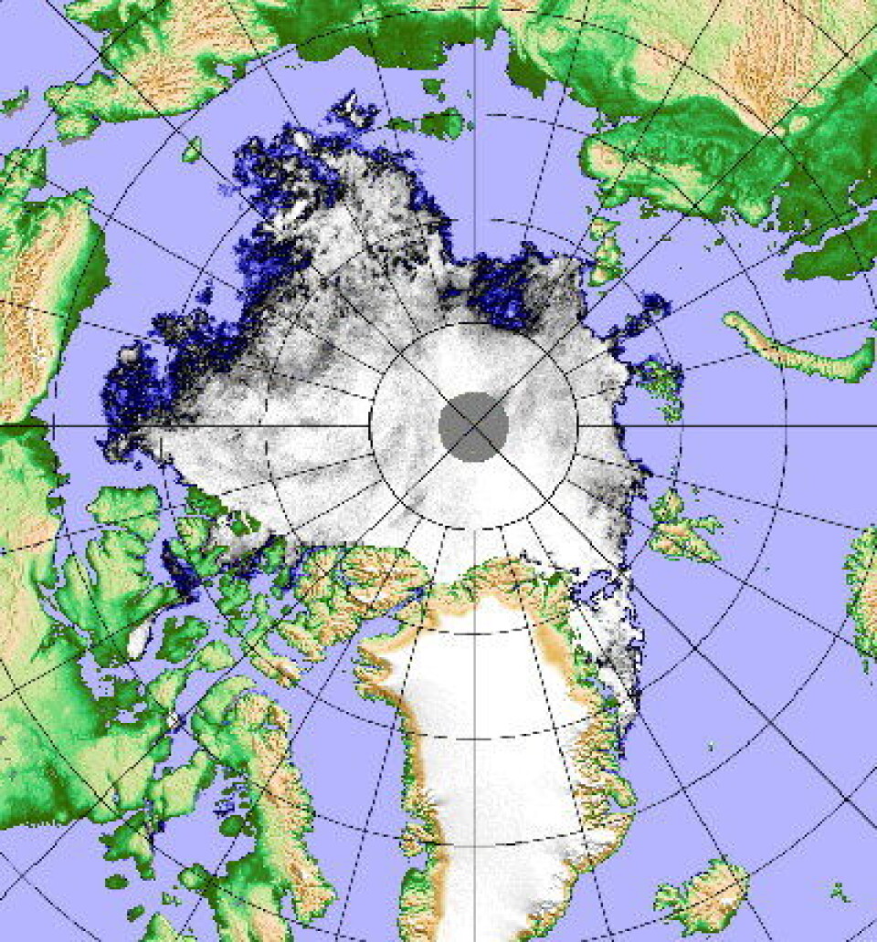Isfritt Polhav om sommeren? Det er fortsatt et stykke igjen dit. Men 2011 kniver med 2007 om en mulig ny minimumsrekord. Her er isdekket 18. august. (Foto: (ESA PolarView / Univ Bremen))