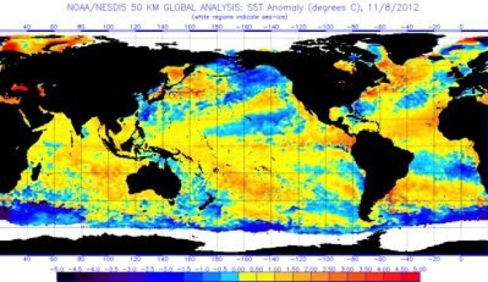Satellittmålt temperatur i havoverflaten 8. november. Temmelig varmt, globalt sett. (Foto: (NOAA)) Satellittmålt temperatur i havoverflaten 8. november. Temmelig varmt, globalt sett. (Foto: (NOAA))