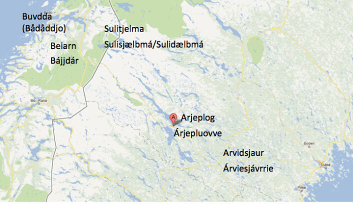 Nokre viktige stader i det pitesamiske området med nordgermanske og samiske namn (Foto: Øystein A. Vangsnes/Google Maps) Nokre viktige stader i det pitesamiske området med nordgermanske og samiske namn (Foto: Øystein A. Vangsnes/Google Maps)